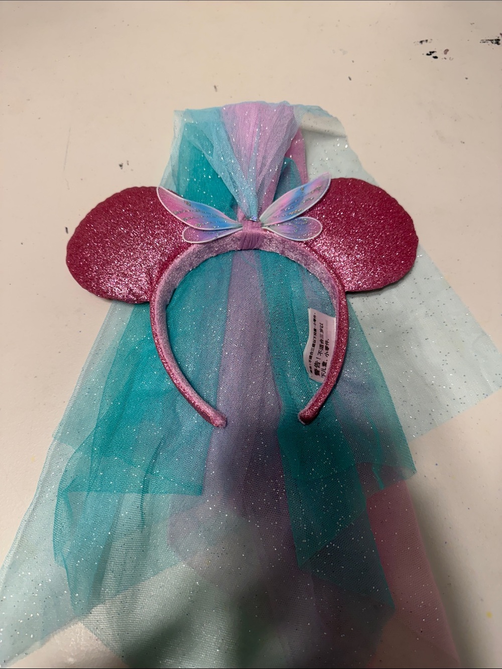 Disney Glitter Pink Mouse Ear Headband with Pastel Tulle Veil